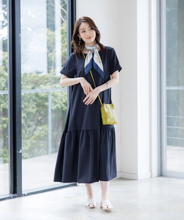 Tiaclasse 【洗える】ギャザーヘムフレアワンピース ネイビー