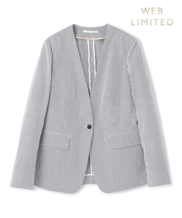 BEIGE， 【洗える・WEB限定】NEMESIA / ソフトサッカーノーカラージャケット Navy St.