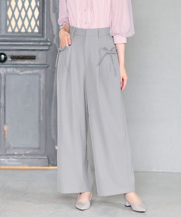 Feroux リボンディテール セミワイドパンツ ライトグレー系