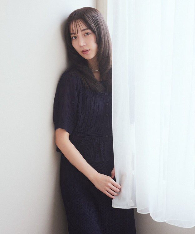 earth music&ecology ＳＥＴ２点レース編みペプラムカーデ＋スカート Navy