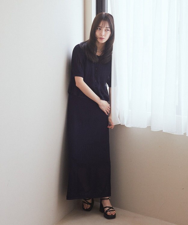 earth music&ecology ＳＥＴ２点レース編みペプラムカーデ＋スカート Navy