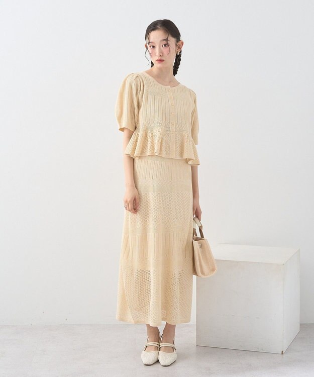 earth music&ecology ＳＥＴ２点レース編みペプラムカーデ＋スカート Light Beige