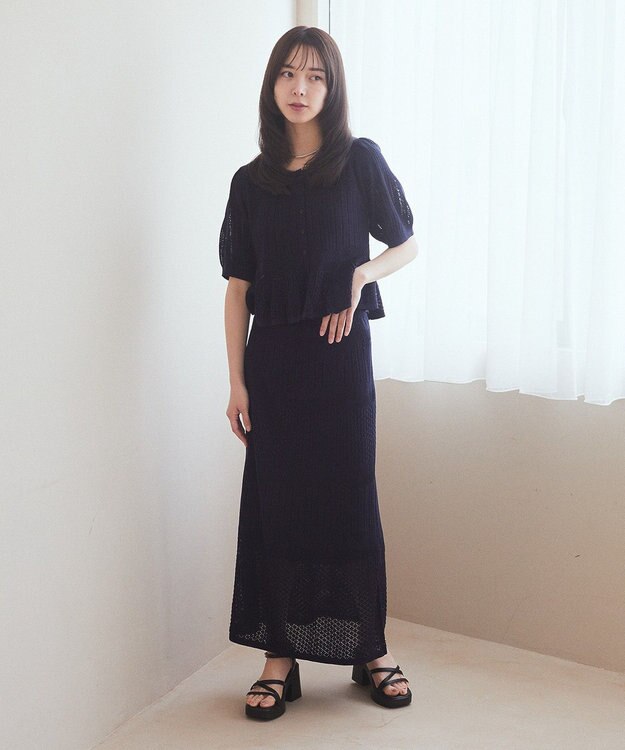 earth music&ecology ＳＥＴ２点レース編みペプラムカーデ＋スカート Navy