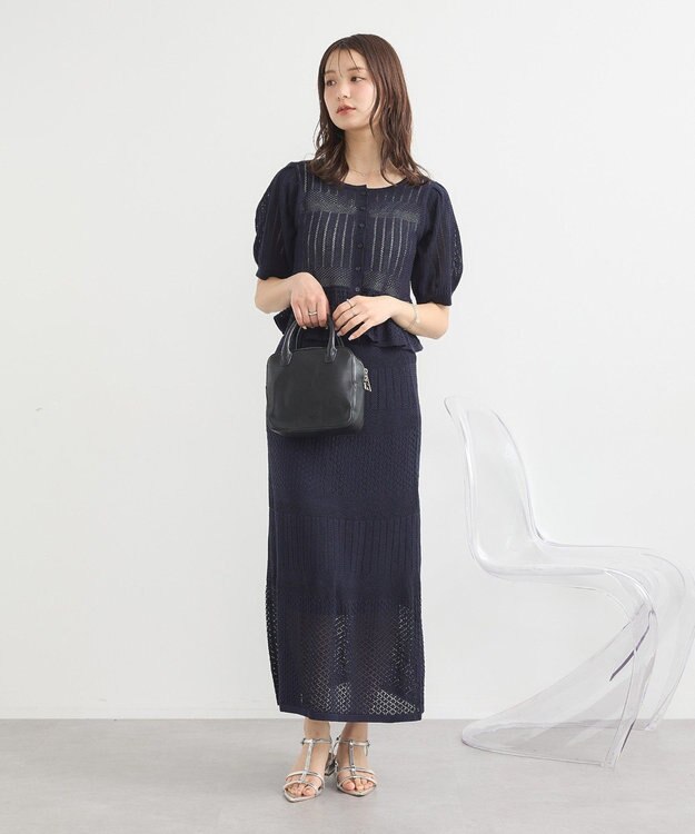 earth music&ecology ＳＥＴ２点レース編みペプラムカーデ＋スカート Navy