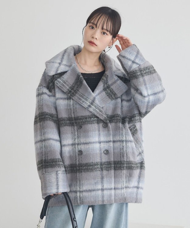 earth music&ecology チェックシャギーコート Check Gray