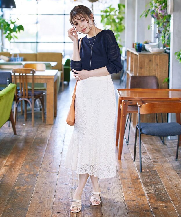 Tiaclasse 【インナーセット・洗える】ボーダー編みシアーニットアンサンブル ネイビー