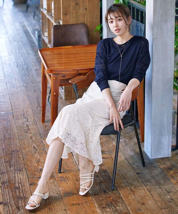 Tiaclasse 【インナーセット・洗える】ボーダー編みシアーニットアンサンブル ネイビー