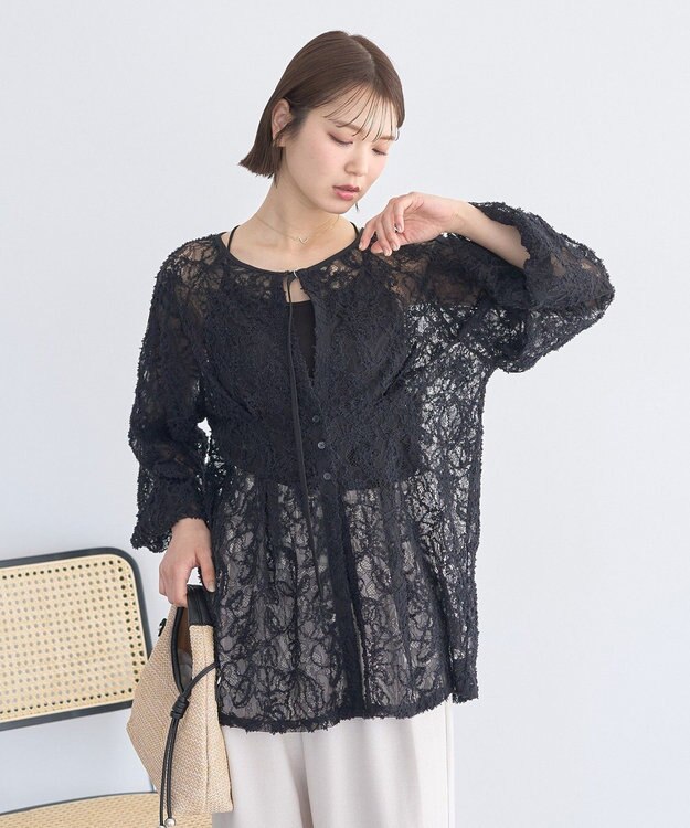 earth music&ecology レースフラワーブラウス Black