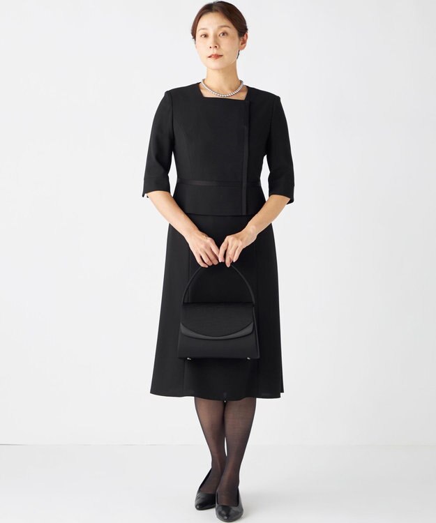 自由区 FORMAL 【ウォッシャブル対応】ドビーボーダーリボン ジャケット+ワンピース ブラック系