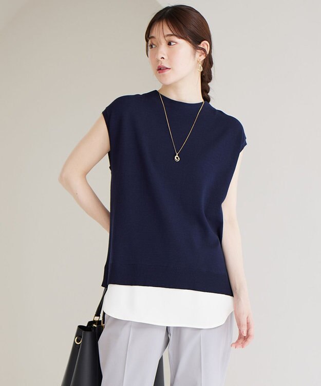 ANY SIS S 【洗える】フレンチスリーブシャツテール ニット ネイビー