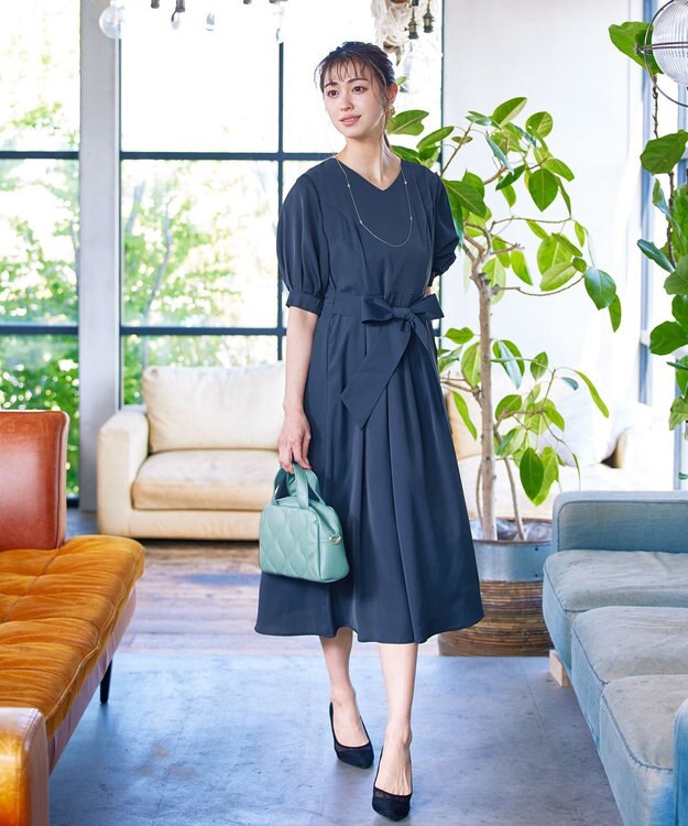 Tiaclasse L 【洗える】パフスリーブワンピース ダークブルー