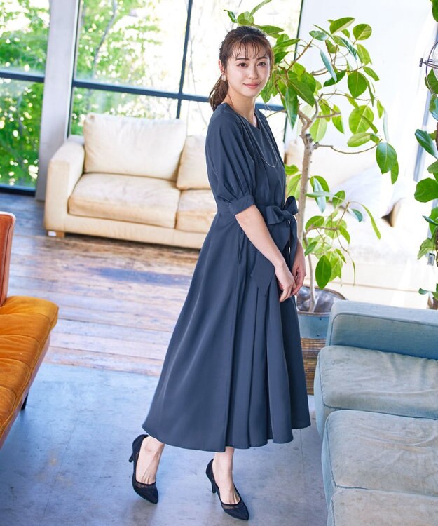 Tiaclasse L 【洗える】パフスリーブワンピース ダークブルー