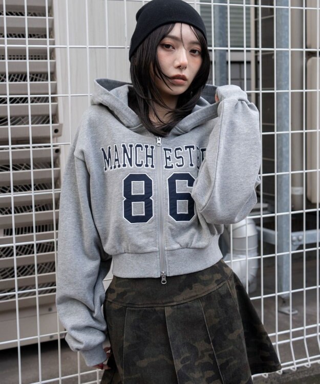 WEGO グラフィックショートZIPパーカー 杢グレー