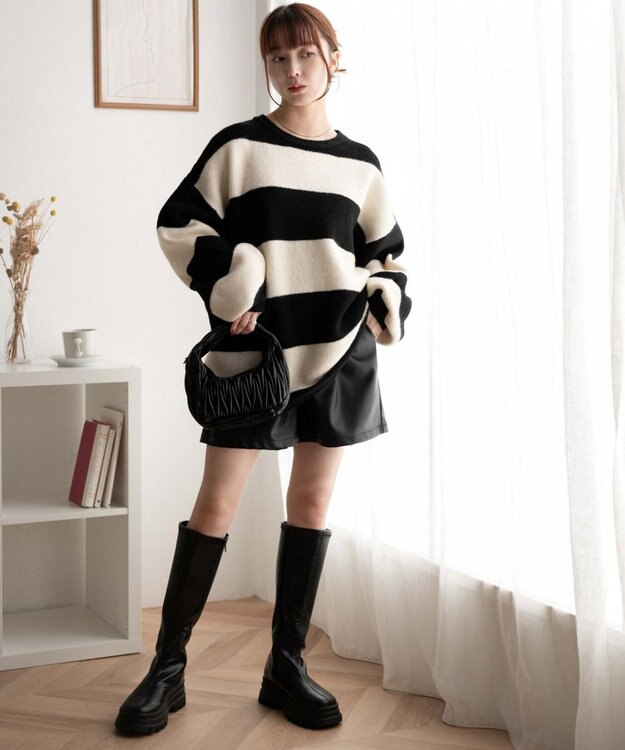 WEGO ボーダーフラッフィービッグニット ブラックボーダー