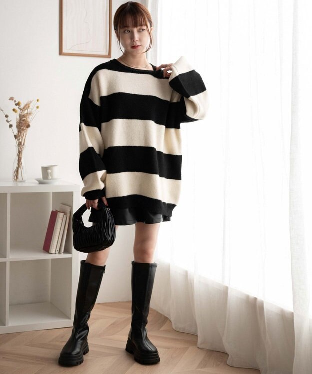 WEGO ボーダーフラッフィービッグニット ブラックボーダー