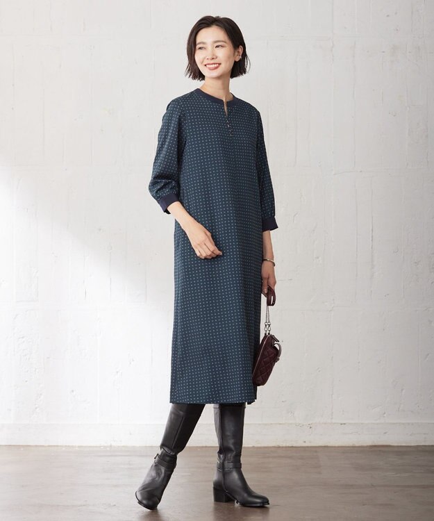 J.PRESS LADIES 【洗える】シュリンクデシン ジオメトリックプリント ワンピース ダークグリーン系5