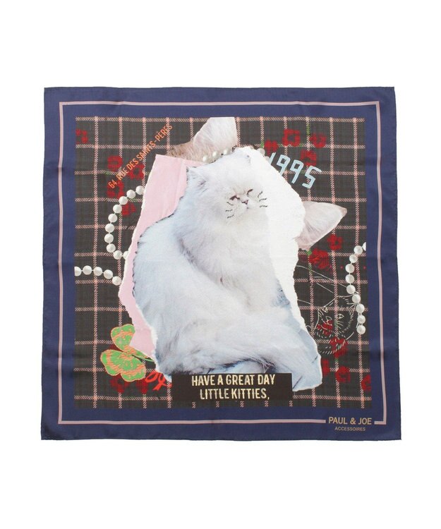 MOONBAT 【WEB限定】PAUL & JOE ACCESSOIRES シルクツイル キャットコラージュスカーフ 58×58cm Little Kitties(ネイビーブルー)