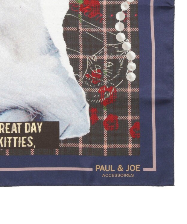 MOONBAT 【WEB限定】PAUL & JOE ACCESSOIRES シルクツイル キャットコラージュスカーフ 58×58cm Little Kitties(ネイビーブルー)