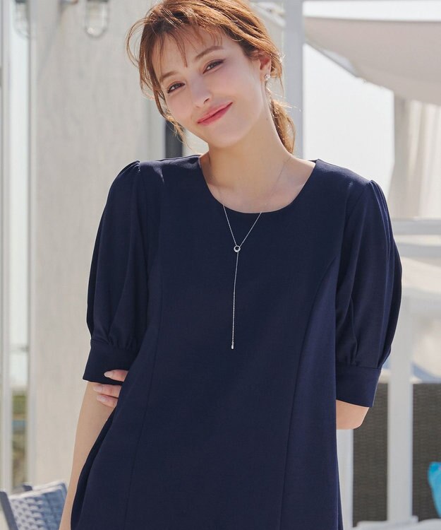 Tiaclasse 【小倉優子さん着用】【洗える】 パフスリーブチュニックブラウス ネイビー