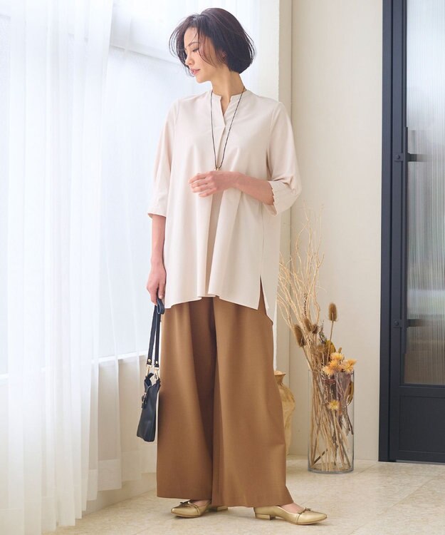 自由区 S 【UVカット・吸水速乾・洗える】ツイストプレーンバンドカラーチュニック丈 カットソー シャンパンベージュ