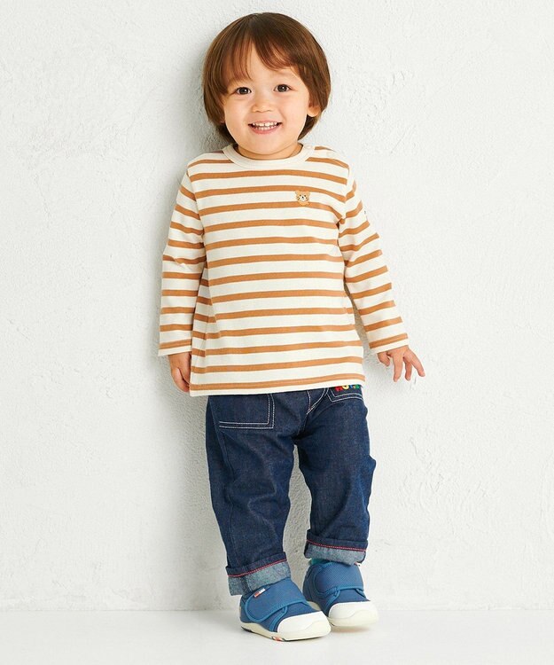 MIKI HOUSE HOT BISCUITS 【80-120cm】ボーダー柄 ワンポイント長袖Tシャツ ベージュ