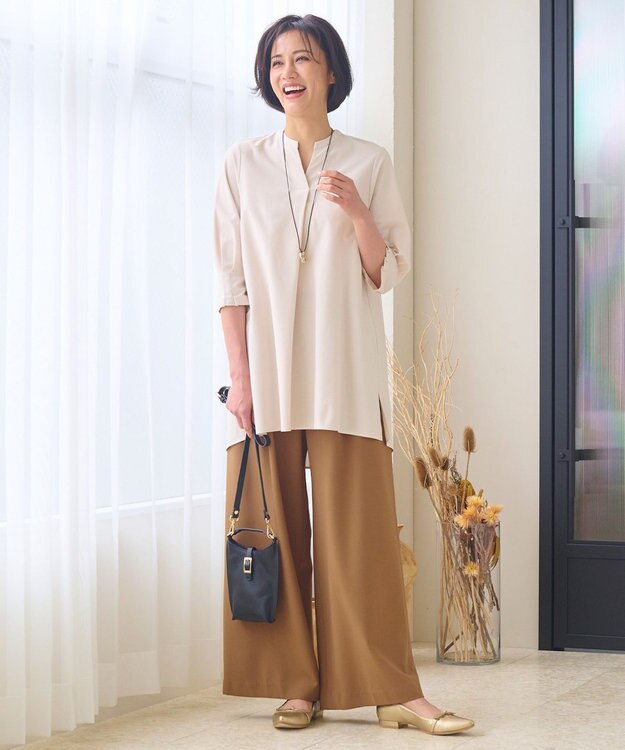 自由区 S 【UVカット・吸水速乾・洗える】ツイストプレーンバンドカラーチュニック丈 カットソー シャンパンベージュ