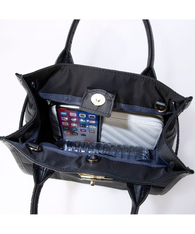 UNBILLION ペルケ perche / ナイロンキルト×クロコ型押し牛革2wayトートバッグS ブラック