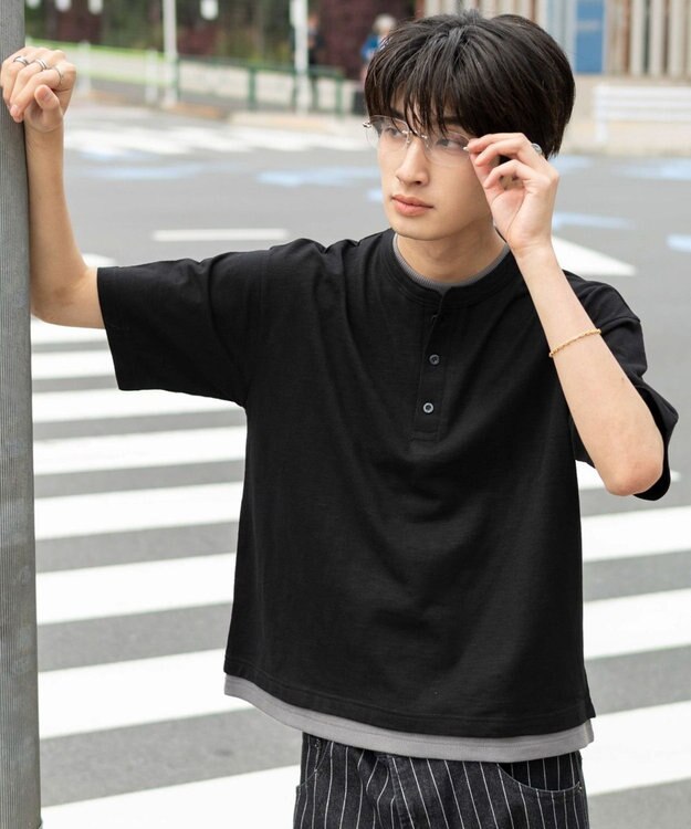 WEGO 【ユニセックス着用ITEM/MLサイズ展開】フェイクレイヤードヘンリーネックT（SS） ブラック
