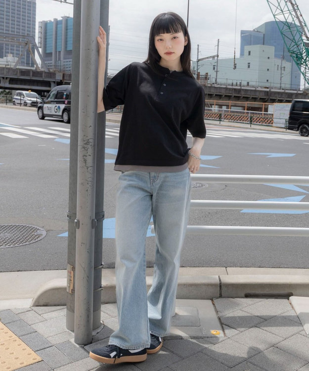 WEGO 【ユニセックス着用ITEM/MLサイズ展開】フェイクレイヤードヘンリーネックT（SS） ブラック