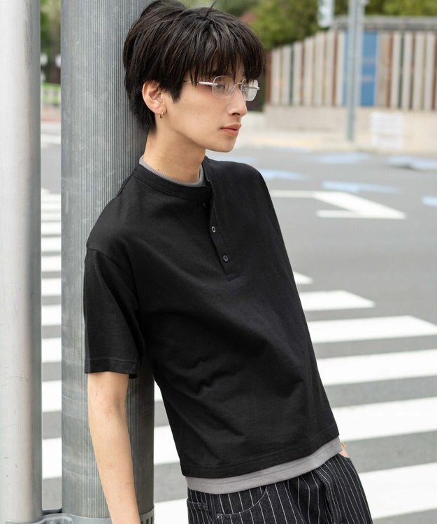 WEGO 【ユニセックス着用ITEM/MLサイズ展開】フェイクレイヤードヘンリーネックT（SS） ブラック