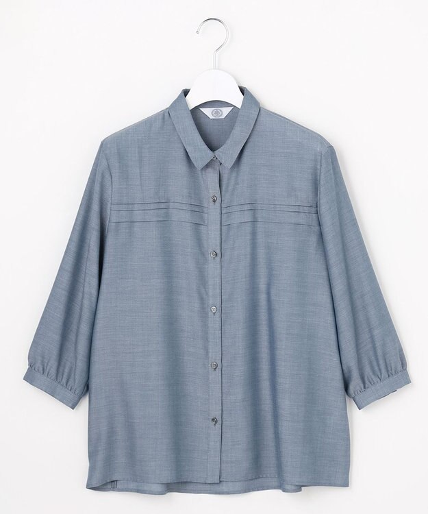J.PRESS LADIES L 【シーンレスに活躍】ウォッシャブルキュプラツイル タックデザイン ブラウス ブルーシャンブレー系