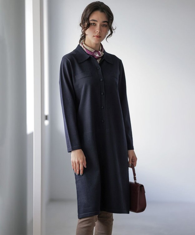 組曲 ニット襟トロンプルイユ ワンピース ネイビー系