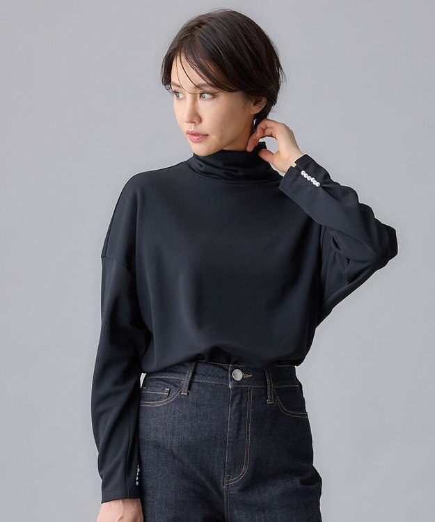 自由区 【洗える】ビンテージパールタートルネック カットソー ネイビー系