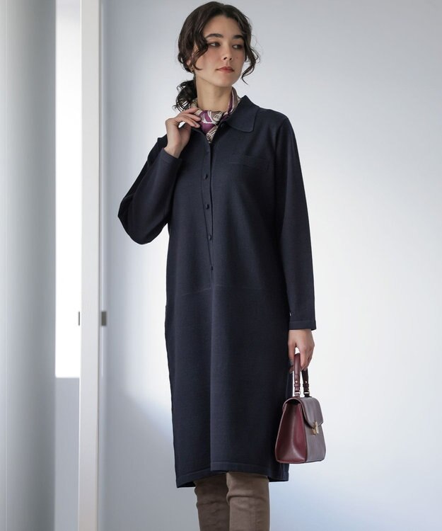 組曲 ニット襟トロンプルイユ ワンピース ネイビー系