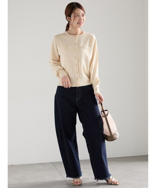 Te chichi 金釦ポケット付きクルーカーディガン ベージュ