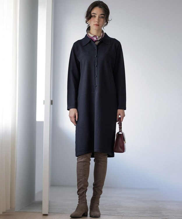 組曲 ニット襟トロンプルイユ ワンピース ネイビー系