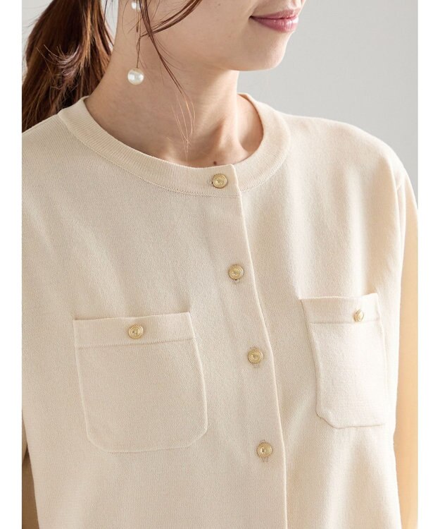 Te chichi 金釦ポケット付きクルーカーディガン ベージュ