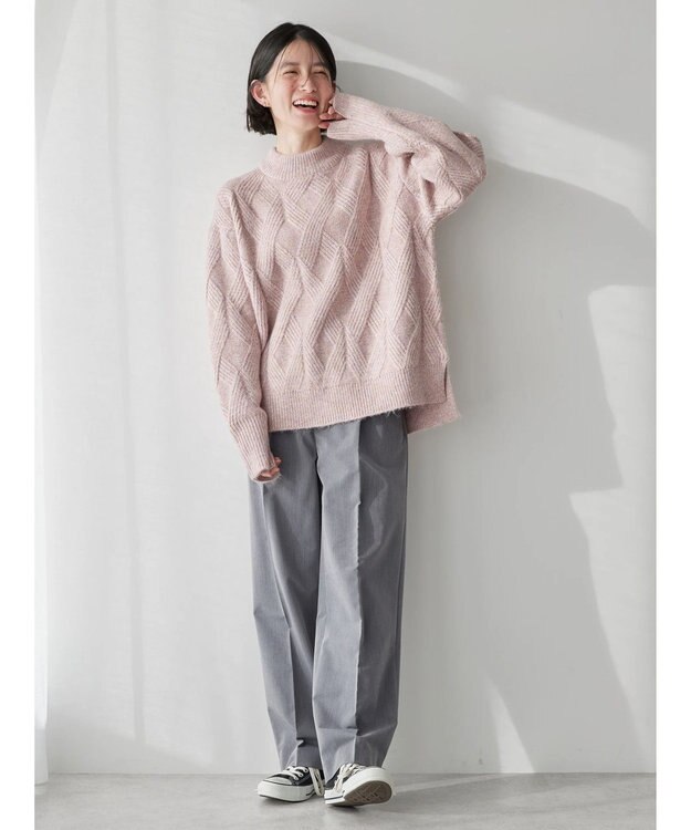 AMERICAN HOLIC Ｍｉｘヤーンモックネックケーブルニットプルオーバー Pink