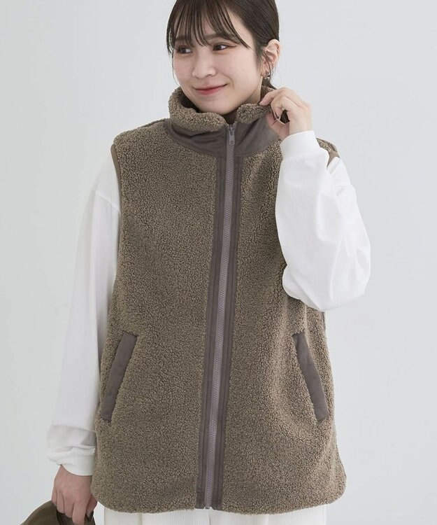 Green Parks スタンドカラーボアＺＩＰベスト Gray Beige