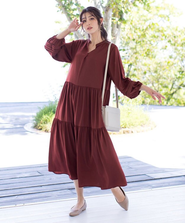 Tiaclasse 【洗える】大人可愛いティアードワンピース レンガ