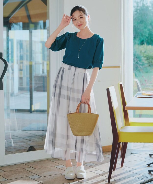 Tiaclasse L チュールレースチェックスカート アイボリー