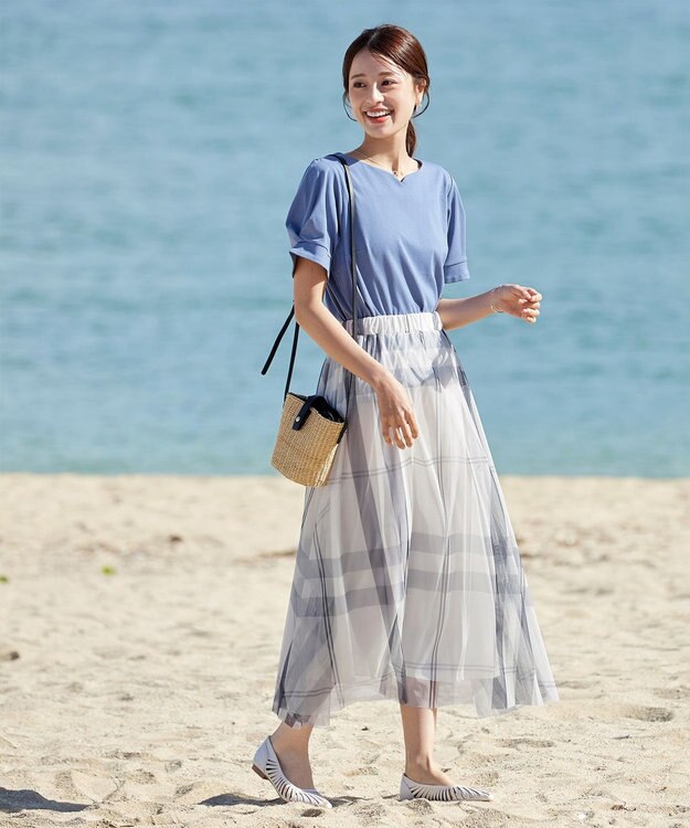 Tiaclasse L チュールレースチェックスカート アイボリー