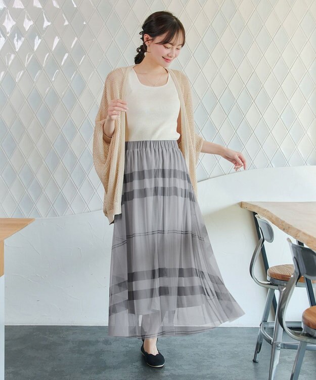 Tiaclasse L チュールレースチェックスカート グレー