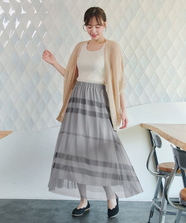 Tiaclasse L チュールレースチェックスカート グレー