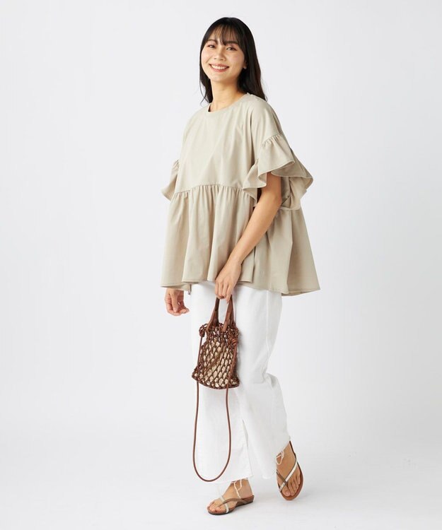 OP／FILA 【Ocean Pacific】らくティブ｜ティアード袖フレアカットソー ベージュ