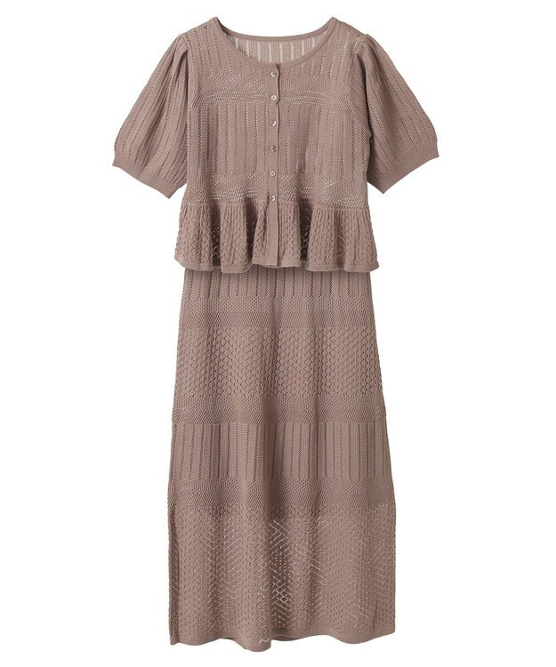 earth music&ecology ＳＥＴ２点レース編みペプラムカーデ＋スカート Pink Beige