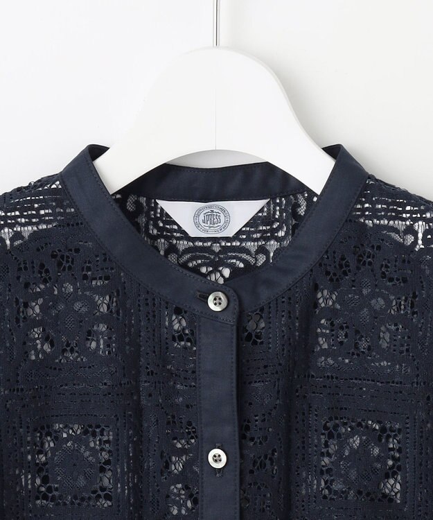 J.PRESS LADIES 【洗える】モザイクレース ハーフスリーブ ブラウス ネイビー系