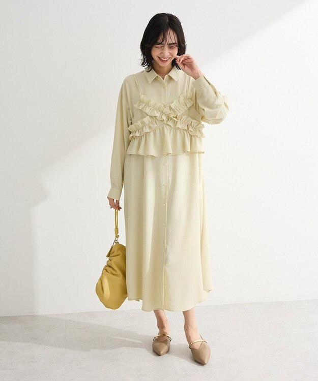 Green Parks ＳＥＴ２点フリルビスチェ＋シャツワンピース Light Khaki