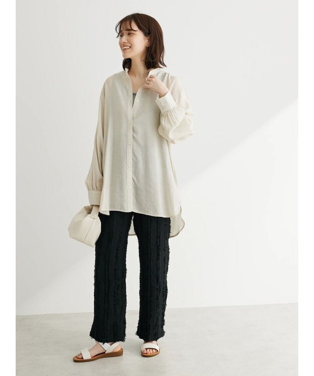 Green Parks バンドカラーシアーシャツ Gray Beige