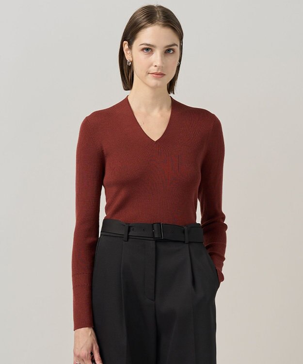 ICB 【新色追加】 エクストラファインメリノリブ Vネックプルオーバー マホガニー系